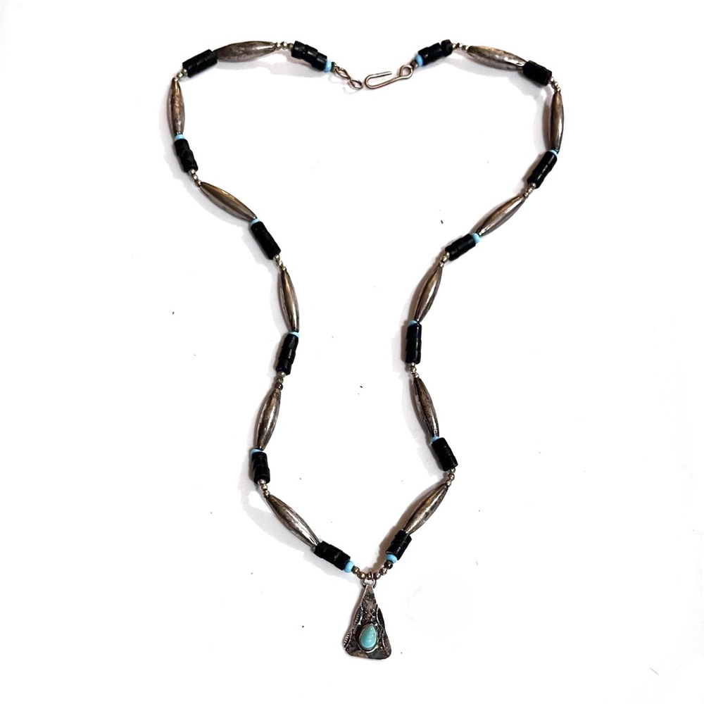 Signed, Navajo.Old Pawn Turquoise, Jet, Sterling Beaded 18.5” Necklace w/Pendant
